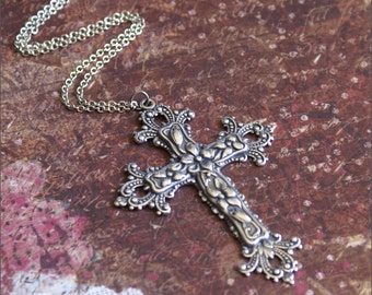 Silver Cross Necklace-Large Cross Necklace, Silver Cross Jewelry, Religious Jewelry, Cross Layer Necklace, Detailed Floral Cross Pendant