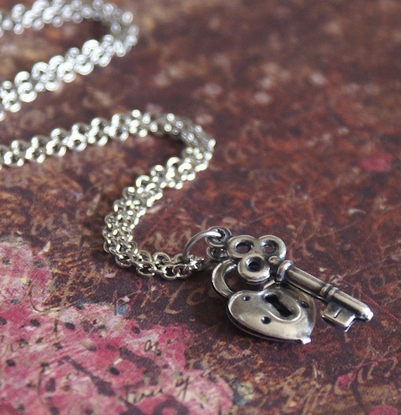 Silver Heart Shaped Lock & Key Charm Necklace