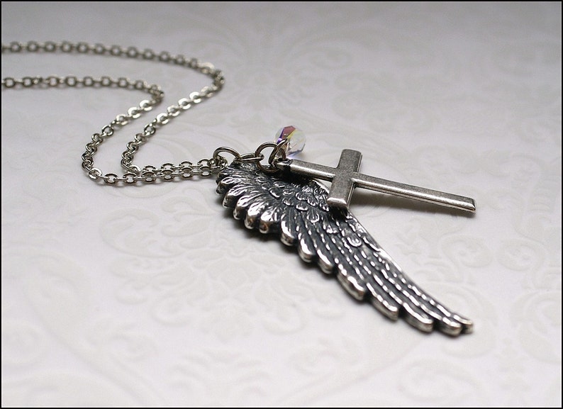 Wing Cross Necklace ANGEL Wing Jewelry Silver Necklace w/ SWAROVSKI Crystal, Meaningful, PERFECT Gift for Mother, Daughter, Sister, Friend image 2