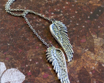 Engelsflügel Halskette Lariat Stil -30 "Kette - Silberflügel, großer Engelflügel Anhänger, Glaube Schmuck, längere Halskette, einfach zu tragen
