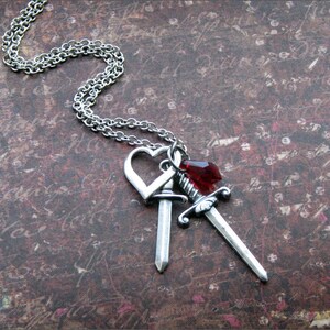 DAGGER Heart Necklace in Silver with Red Teardrop SWAROVSKI Crystal HEARTBROKEN by RevelleRoseJewelry image 2