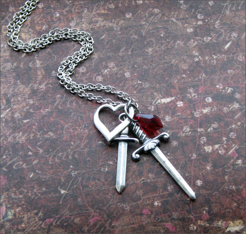 DAGGER Heart Necklace in Silver with Red Teardrop SWAROVSKI Crystal HEARTBROKEN by RevelleRoseJewelry image 2