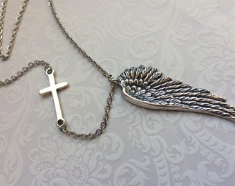 Angel Wing Necklace-Silver Wing Jewelry- SIDEWAYS CROSS Necklace, Silver Cross Jewelry, Faith Love Hope Jewelry, Silver Feather Necklace