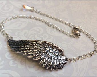 Pulsera de ala de ángel, joyería de ala de plata, colgante de ala de ángel, pulsera de ala de plata ajustable, acento de cristal SWAROVSKI, regalo perfecto para ella