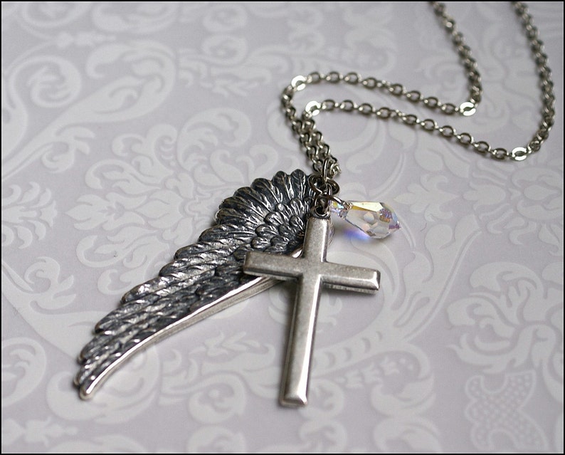 Wing Cross Necklace ANGEL Wing Jewelry Silver Necklace w/ SWAROVSKI Crystal, Meaningful, PERFECT Gift for Mother, Daughter, Sister, Friend image 1