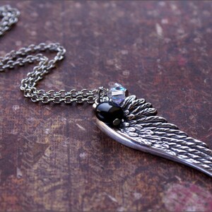 Angel Wing Necklace -Adorned w/ BLACK ONYX Bead and SWAROVSKI Clear Crystal- Memory, Keepsake, Meaningful Necklace by RevelleRoseJewelry