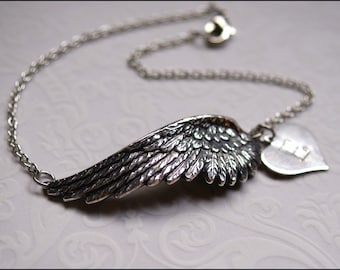 Angel Wing Bracelet- PERSONALIZED Initial Charm Silver Wing Bracelet, Handstamped Jewelry, PERFECT GIFT for Friend, Mother, Sister, Daughter