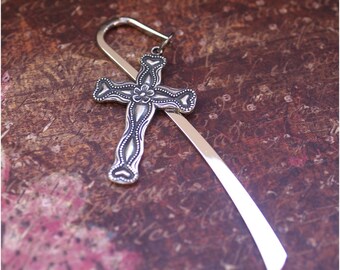 Silver Cross Bookmark -DETAILED FLORAL CROSS- Pendant Book Marker Perfect Religious Meaningful Accessory for Readers