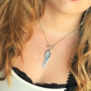 Angel Wing Necklace-Angel Wing Jewelry, Silver Wing Pendant, Toggle Necklace, Silver Front Closure Necklace, Faith Necklace, In Memory Of