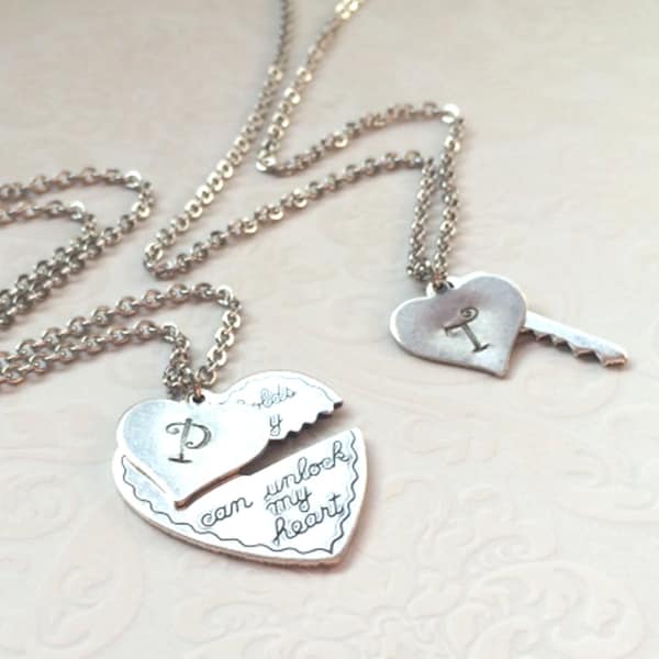 PERSONALIZED Couples Necklace-He Who Holds the Key-Silver Heart/Key Necklace SET, Boyfriend Girlfriend Jewelry, TWO Necklace Set, Valentine