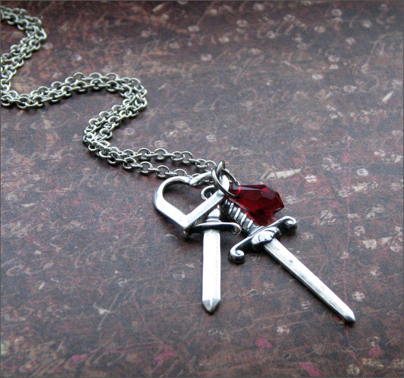 DAGGER Heart Necklace in Silver with Red Teardrop SWAROVSKI Crystal HEARTBROKEN by RevelleRoseJewelry image 1