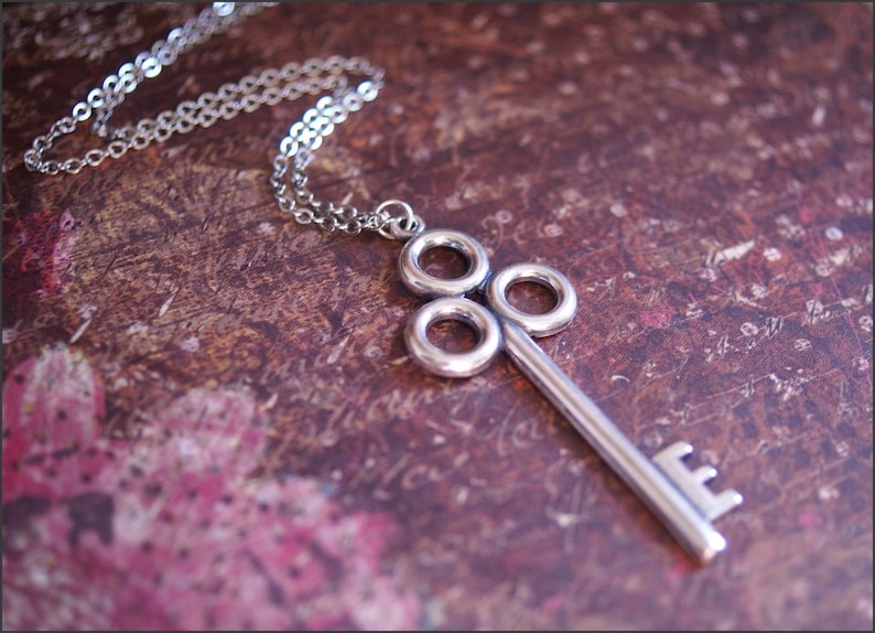 Silver Key Necklace LARGE SILVER PENDANT Simple, Classic, Vintage Style Skeleton Key, Pretty Gift for Sister, Wife, Friend, Mother image 1