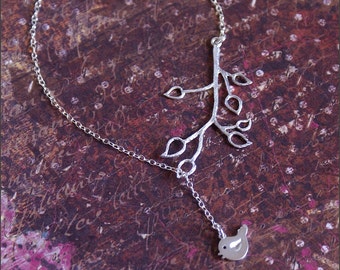 Bird Leaf Lariat, Silver Bird Branch Necklace, Leaf Bird Jewelry, STERLING SILVER Chain, Detailed Branch and Sweet Bird, Mother's Necklace