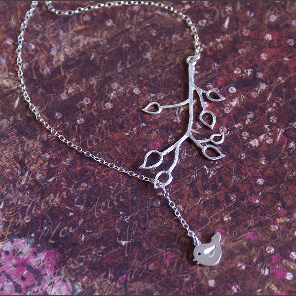 Bird Leaf Lariat, Silver Bird Branch Necklace, Leaf Bird Jewelry, STERLING SILVER Chain, Detailed Branch and Sweet Bird, Mother's Necklace