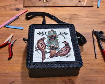 Handmade Mosaic and Leather Bag With Bird and Flower Motifs