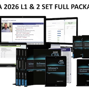 May include: A study package for the CFA 2026 L1 & 2 exams. The image shows computer screens displaying financial concepts, alongside books, workbooks, and tablets. The text includes "Kaplan Schweser" and "CFA 2026".