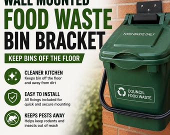 Wall Mounted Food Waste Bin Bracket | UK Kitchen Caddy Holder | 3D Printed Food Waste Container Hanger | Fits Council Bins