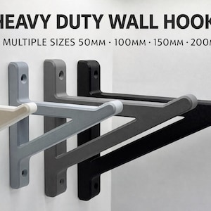 May include: Heavy-duty wall hooks in multiple sizes, including 50mm, 100mm, 150mm, and 200mm. The hooks are displayed in a row, with colors ranging from white to gray and black. The text "HEAVY DUTY WALL HOOKS" is at the top.