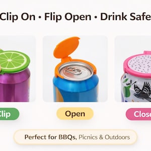 May include: Image showing three different colored cans with lids. The first can is purple with a green lime-shaped lid. The second can is blue with an orange lid. The third can is white with a pink lid. Text reads: Clip On, Flip Open, Drink Safely.