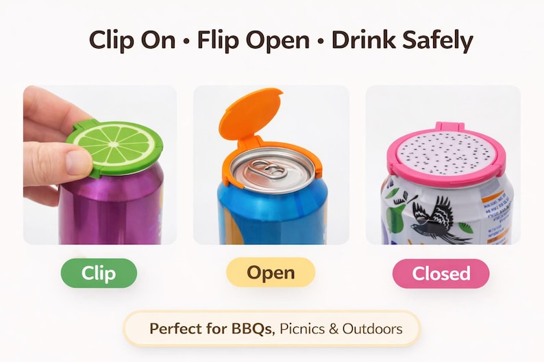 May include: Image showing three different colored cans with lids. The first can is purple with a green lime-shaped lid. The second can is blue with an orange lid. The third can is white with a pink lid. Text reads: Clip On, Flip Open, Drink Safely.