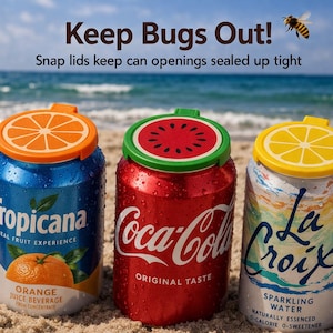 May include: Three cans of fizzy drinks with fruit-shaped snap-on lids. The cans are branded Tropicana, Coca-Cola, and La Croix. The lids are orange, watermelon, and lemon designs. The text "Keep Bugs Out!" is visible.