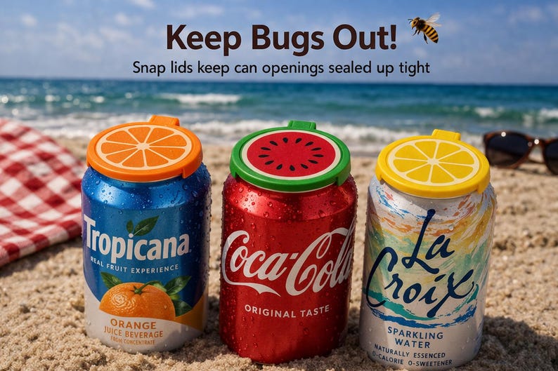May include: Three cans of fizzy drinks with fruit-shaped snap-on lids. The cans are branded Tropicana, Coca-Cola, and La Croix. The lids are orange, watermelon, and lemon designs. The text "Keep Bugs Out!" is visible.