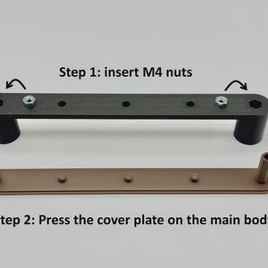 May include: An instructional image showing the assembly of a product. The first step shows inserting M4 nuts into a dark gray bar with black handles. The second step shows pressing a brown cover plate onto the main body.