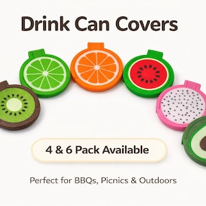 May include: A selection of fruit-shaped drink can covers, featuring designs like lime, orange, watermelon, kiwi, dragon fruit, and avocado. The image includes the text "Drink Can Covers" and "4 & 6 Pack Available". Perfect for picnics and BBQs.