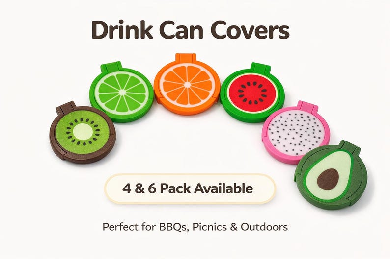 May include: A selection of fruit-shaped drink can covers, featuring designs like lime, orange, watermelon, kiwi, dragon fruit, and avocado. The image includes the text "Drink Can Covers" and "4 & 6 Pack Available". Perfect for picnics and BBQs.