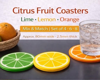 Citrus Coaster Set | Lemon Lime Orange Grapefruit Coasters | Colourful Drink Coasters | Summer Kitchen Decor | Set of 4 6 8