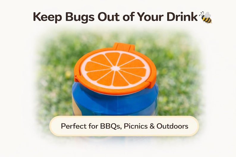 May include: A blue and orange drinks container with a lid resembling an orange slice. The text reads "Keep Bugs Out of Your Drink". The container is designed for outdoor use, ideal for picnics and BBQs.