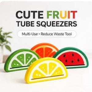 Puede incluir: Cuatro exprimidores de tubos con forma de fruta. Los exprimidores están diseñados para parecerse a una lima, una naranja, una sandía y un limón. El texto de la imagen dice "CUTE FRUIT TUBE SQUEEZERS" y "Multi-Use • Reduce Waste Tool."