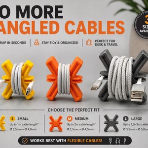 Puede incluir: Organizadores de cables en amarillo, naranja y gris, cada uno con un cable blanco. La imagen incluye el texto "NO MORE TANGLED CABLES" y "3 SIZES AVAILABLE". Los organizadores están etiquetados como pequeño, mediano y grande, con especificaciones de tamaño.