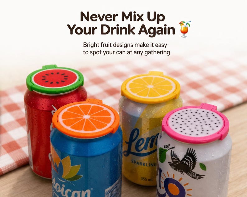 May include: Four cans with fruit-themed can toppers. The toppers feature watermelon, orange, lemon, and dragon fruit designs. The cans are red, blue, and yellow, with the text "Never Mix Up Your Drink Again".
