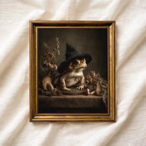 May include: A framed wall art print featuring a brown toad wearing a black pointed hat, sitting on a wooden surface surrounded by dried mushrooms and botanical elements. The frame is a metallic gold colour with a textured, antique-style finish.