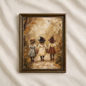 May include: A framed oil painting depicting three figures walking away on a path through an autumn forest. Each figure wears a pointed hat and carries a small woven basket. The figures are dressed in muted tones of blue, cream, and brown.