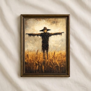 Scarecrow Wall Art Print, Moody Autumn Wheat Field Poster, Vintage Halloween Oil Painting, Spooky Farmhouse Fall Decor, Digital Download