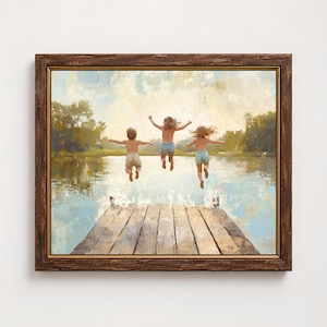 Kinder springen See Wand Kunst Druck, Kinder Sommer Dock Poster, nostalgische Kindheit Ölgemälde, See Haus Dekor, digitaler Download