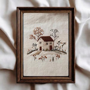 Embroidered Cottage Wall Art – Rustic Hand‑Stitch Landscape Print – Cozy Country Decor – Digital Download