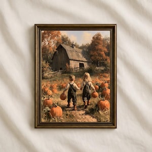 May include: A framed wall art print depicting two children holding hands and carrying pumpkins in a field. In the background, a rustic wooden barn stands among autumn trees under a soft sky. The scene is filled with numerous orange pumpkins.