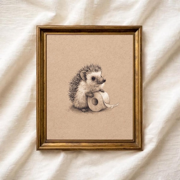 Funny Hedgehog Toilet Paper Art Print, Retro Bathroom Wall Decor, Cute Animal Humor Illustration, Instant Digital Download, Restroom Poster