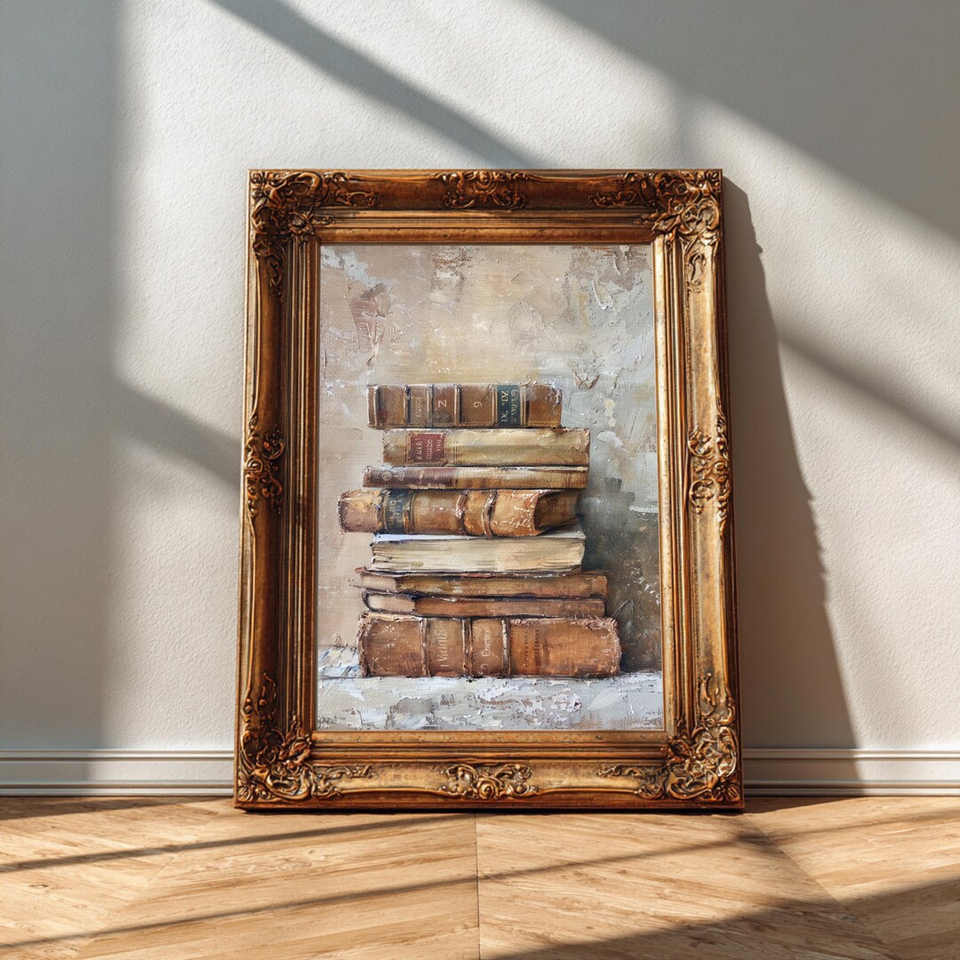 Vintage Book Stack Art Print | Rustic Library Wall Decor (digital ...