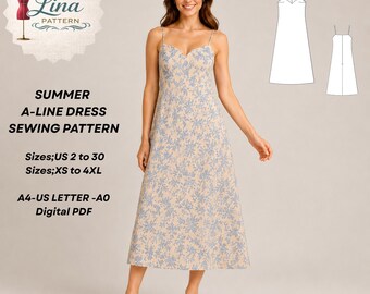 Summer A Line Dress Sewing Pattern,Midi Length,Spaghetti Strap Dress (Digital PDF Download)