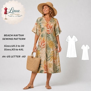 Könnte beinhalten: Ein Strandkaftan-Schnittmuster mit V-Ausschnitt, kurzen Flatterärmeln und wadenlangem Saum. Das Kleidungsstück zeigt einen botanischen Druck mit orangefarbenen, gelben und grünen Blättern auf beigem Grund. Der Text umfasst Lina Pattern, Beach Kaftan Sewing Pattern, Sizes US 2 to 30, Sizes XS to 4XL und A4-US Letter-A0.