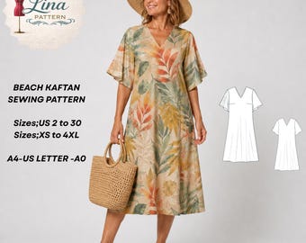 Beach Kaftan Sewing Pattern,Swim Cover Up Dress,Resort Wear(XS-4XL) (Digital PDF Download)