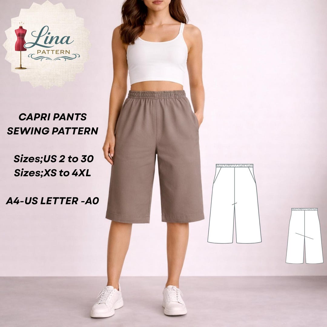 Capri Pants Sewing Pattern, Elastic Waist, Wide Leg, Knee Length ...
