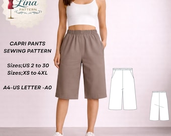 Capri Pants Sewing Pattern, Elastic Waist, Wide Leg, Knee Length (Digital PDF Download)(XS-4XL)