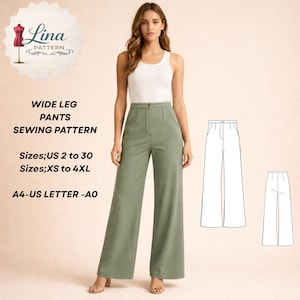 May include: A woman wearing sage green wide-leg pants and a white tank top. The image includes a sewing pattern with the text "WIDE LEG PANTS SEWING PATTERN" and size details: US 2 to 30, XS to 4XL. The brand logo "Lina Pattern" is also visible.