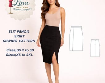 Slit Pencil Skirt Sewing Pattern, Below Knee Skirt (Digital PDF Download)(XS-4XL)