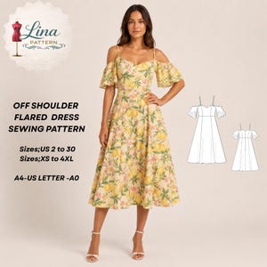 May include: A sewing pattern for an off-shoulder flared dress with a lemon and floral print. The text reads: Lina Pattern, OFF SHOULDER FLARED DRESS SEWING PATTERN, Sizes; US 2 to 30, Sizes; XS to 4XL, A4-US LETTER -A0. Includes a technical line drawing.